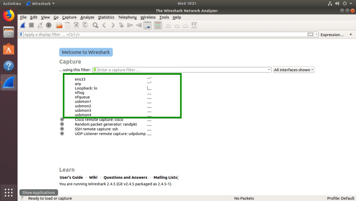 no interface showing in wireshark ubuntu
